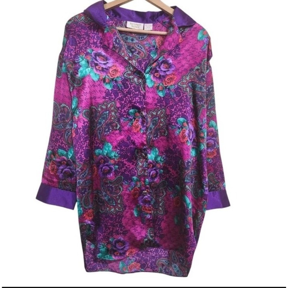 Vtg Victoria's Secret Sleep Shirt Small Gold Label Purple Floral Paisley Satin